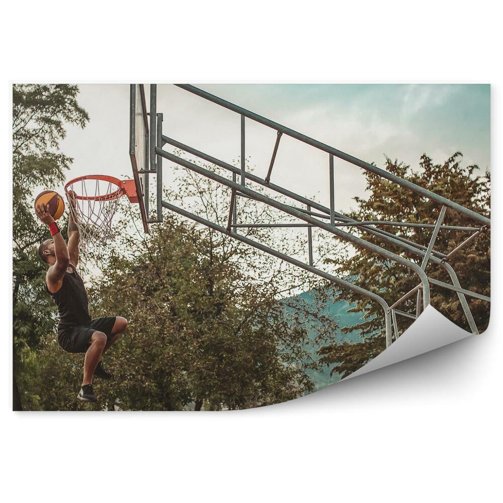 Fototapeta samoprzylepna Koszykarz piłka do koszykówki kosz drzewa budynki ławka
