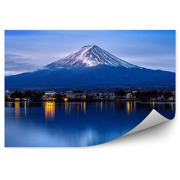 Okleina na ścianę Góra fudżi zachód słońca mgła budynki jeziora yokohama noc