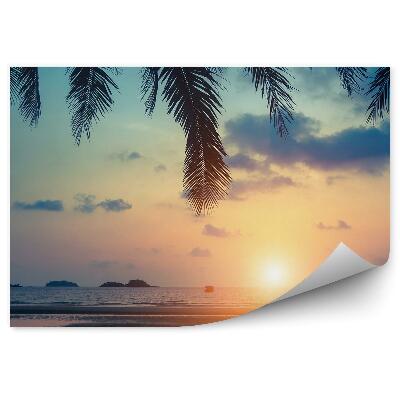 Fototapeta Tropikalna plaża morze statki palmy skały niebo chmury