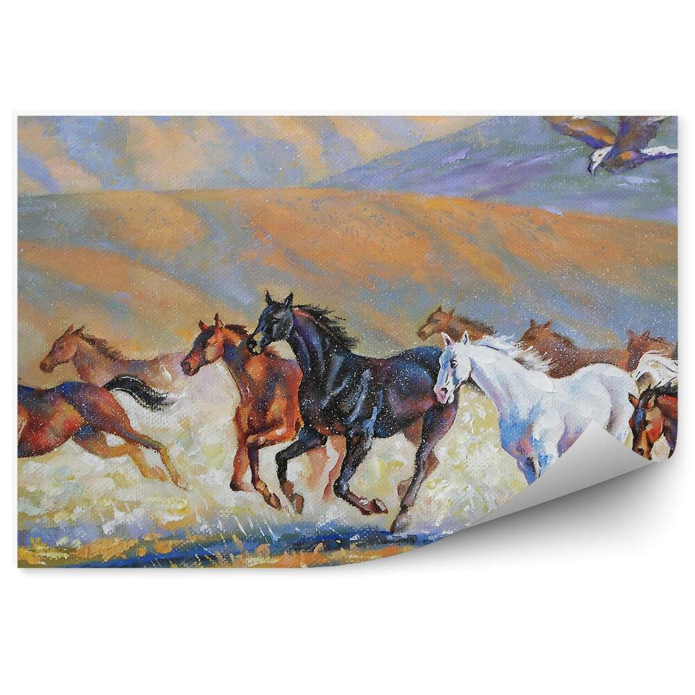 Fototapeta Orzeł pola biegnące stado koni kurz malowane