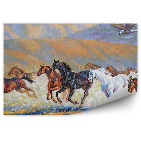 Fototapeta Orzeł pola biegnące stado koni kurz malowane