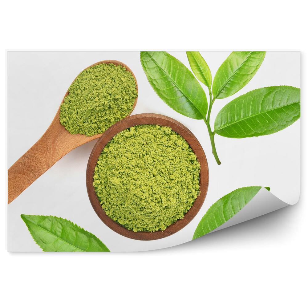 Fototapeta Herbata liście proszek łyżka białe tło