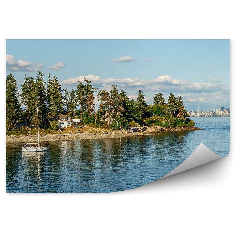 Okleina ścienna Panorama seattle drzewa iglaste budynki jacht wieżowe budynki morze niebo chmury