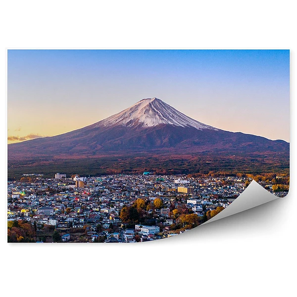 Okleina na ścianę Yokohama panoramę miasta góra fudżi drzewa zachód słońca