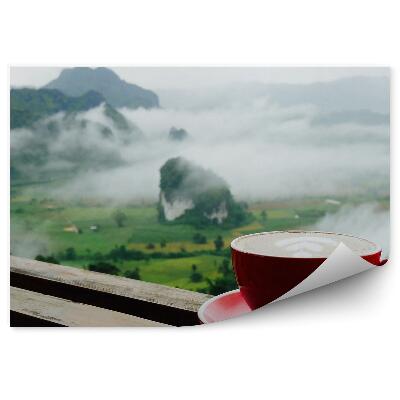 Okleina ścienna Gorąca kawa latte cappuccino taras skały zieleń drzewa mgła