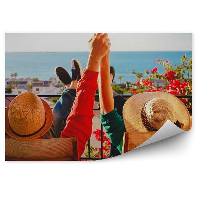 Okleina ścienna Szczęśliwa para relaks balkon taras kwiaty budynki ocean widok