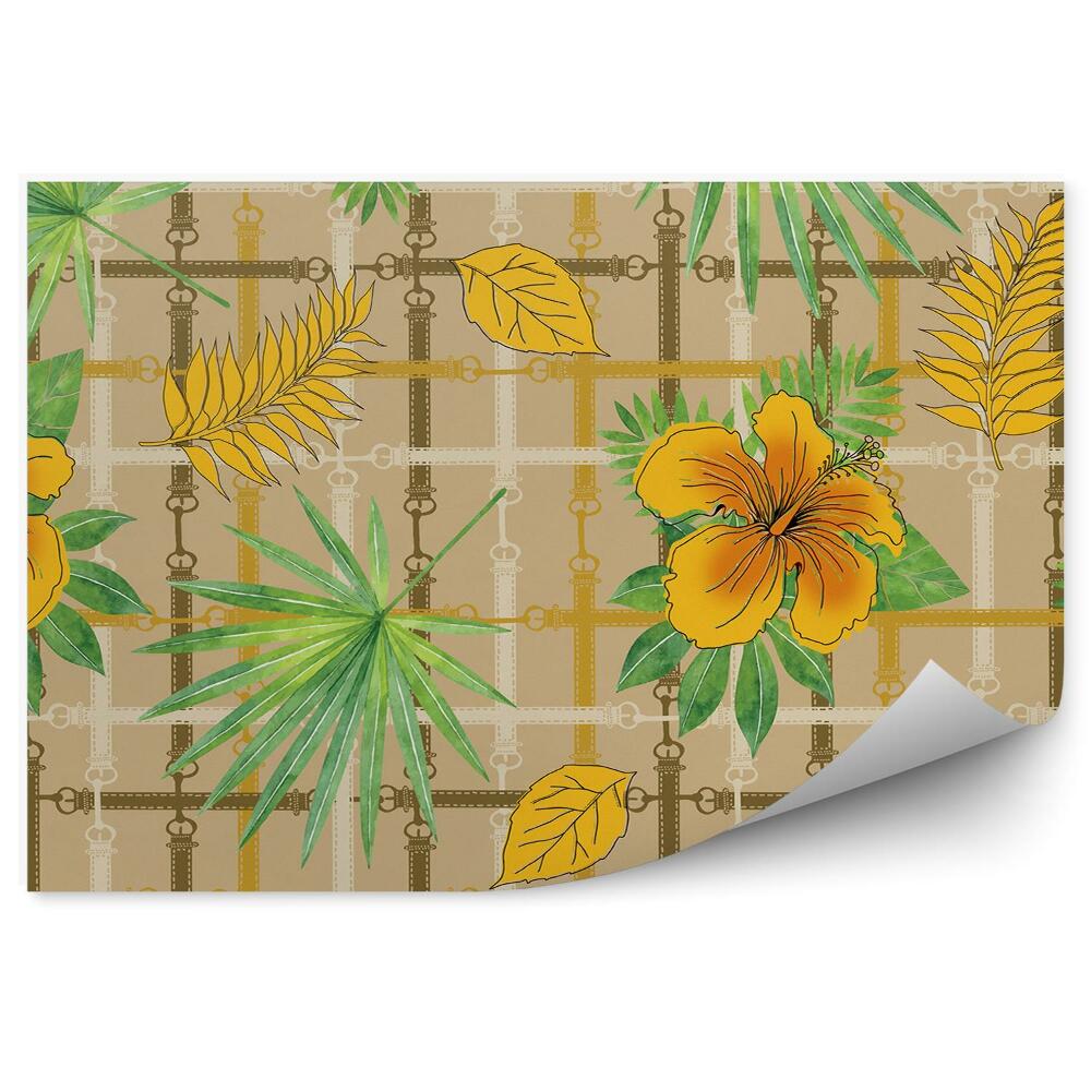 Okleina ścienna Żółte kwiaty liście kolorowe pasy