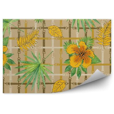 Okleina ścienna Żółte kwiaty liście kolorowe pasy