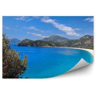 Fototapeta Biała plaża góry drzewa krzaki niebo chmury ocean