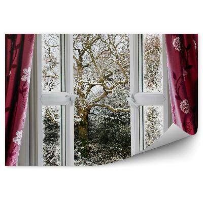 Fototapeta na ścianę Otwarte okno zasłona i ośnieżone drzewa