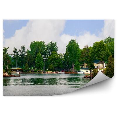 Okleina ścienna Domy statki drzewa rzeka niebo chmury wysp st lawrence