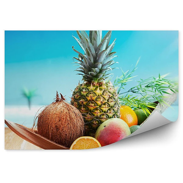 Fototapeta Owoce tropikalne drewniany stół kokos awokado mango