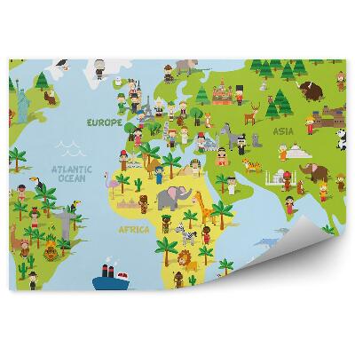 Fototapeta samoprzylepna Kontynenty świat mapa zwierzątka ludzie błękit