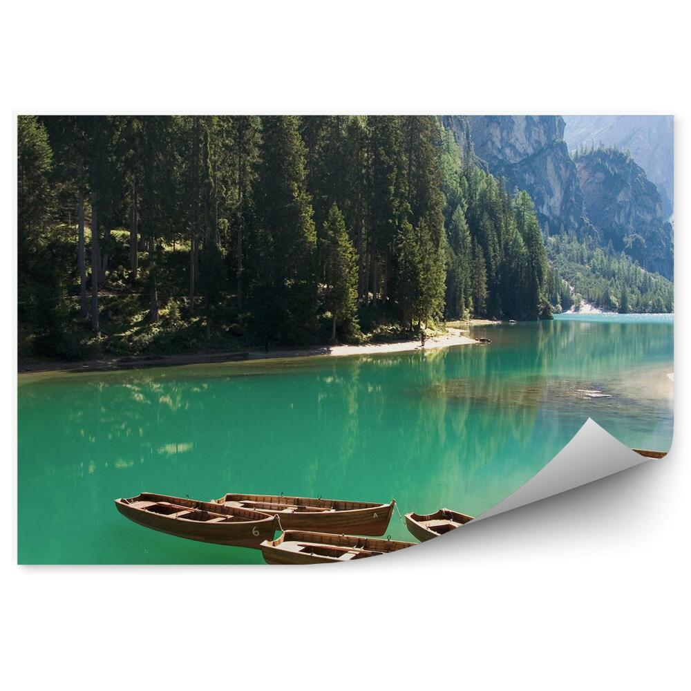 Okleina na ścianę Łodzie dolomity alpy rzeka góry drzewa iglaste