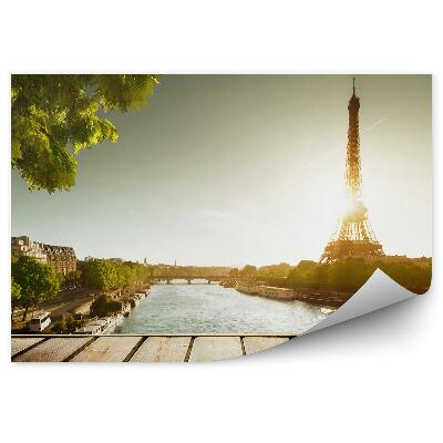 Okleina ścienna Budynki most drzewa wieża eiffla drzewa sekwana drewniany taras