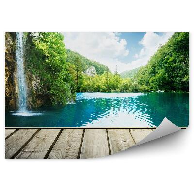 Okleina ścienna Wodospad głęboki las chorwacji jezioro niebo chmury molo drewniane