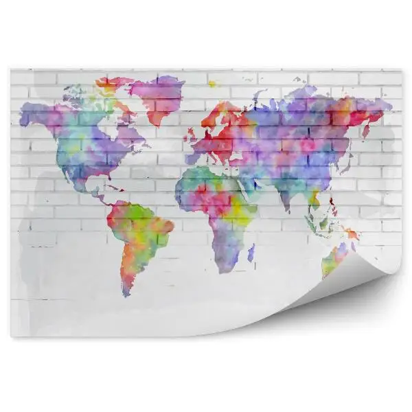 Fototapety Akwarela mapa świata na ścianie z cegły