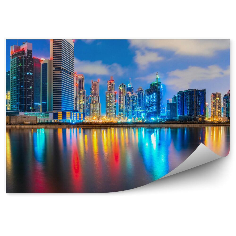 Fototapeta wieżowce światła niebo chmury ocean Dubaj