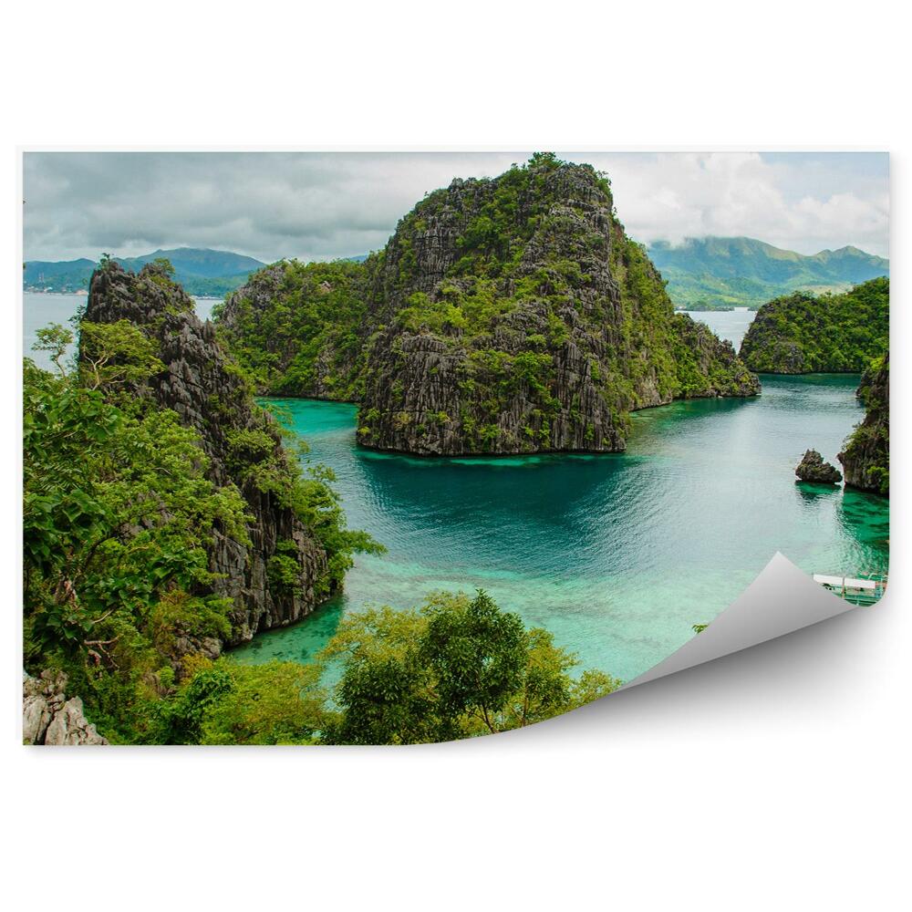 Fototapeta Łodzie domy rośliny woda góry skały