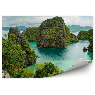 Fototapeta Łodzie domy rośliny woda góry skały