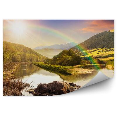 Fototapeta Góry las drzewa rzeka tęcza zachód słońca niebo chmury natura