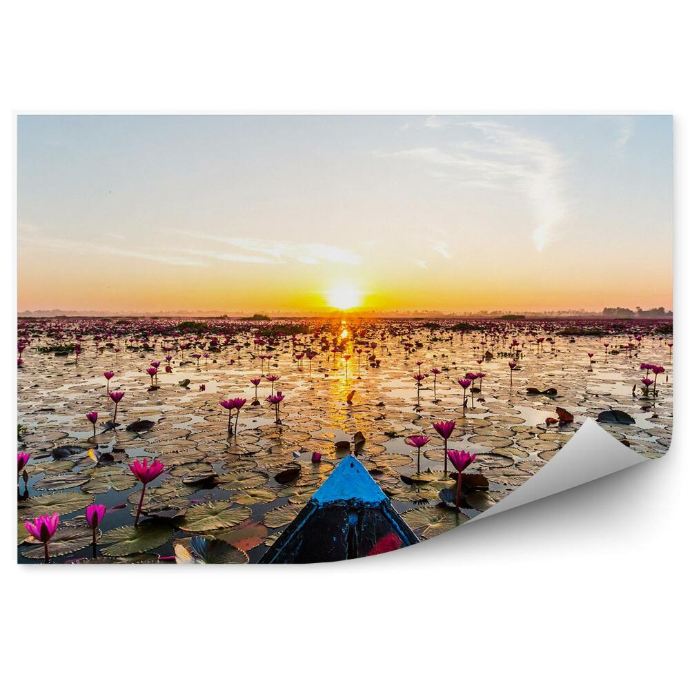 Okleina ścienna Łódź na jeziorze lilie wodne i zachód słońca