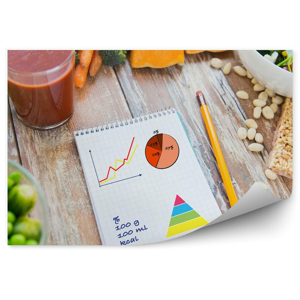 Okleina na ścianę Dojrzałe warzywa sok batonik notatnik