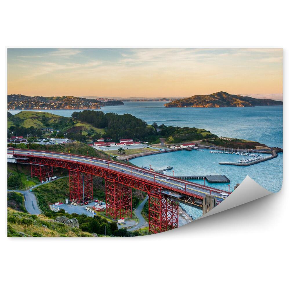 Okleina ścienna port most góry rośliny zachód słońca samochody
