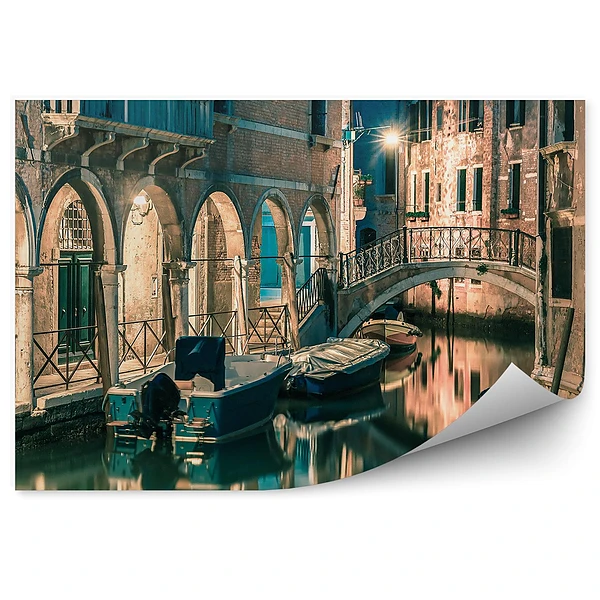 Fototapeta Wenecja noc kanał łodzie łuki architektura