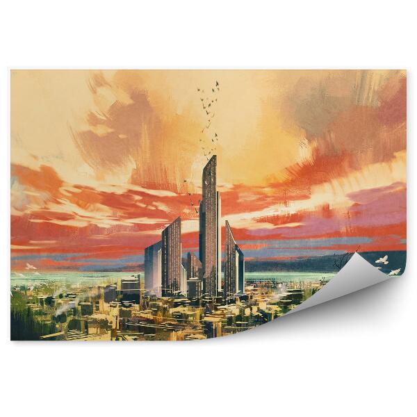 Okleina na ścianę Miasto sci-fi drzewa trawy kolorowe niebo