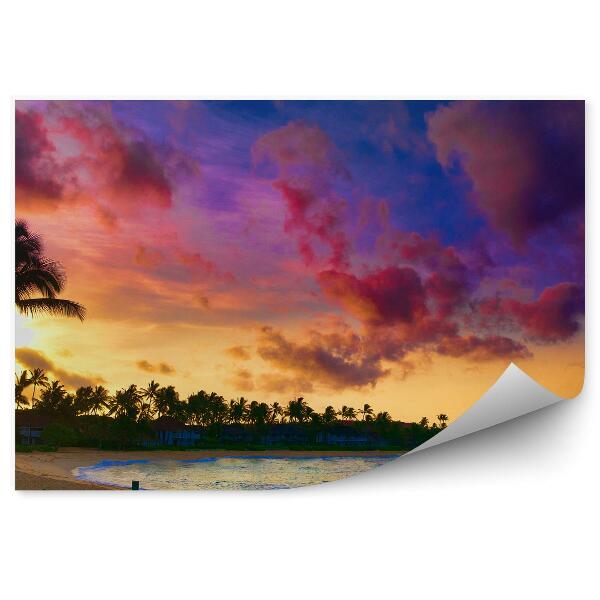 Fototapeta Zachód słońca palmy domy drzewa ocean plaża niebo