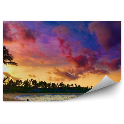 Fototapeta Zachód słońca palmy domy drzewa ocean plaża niebo