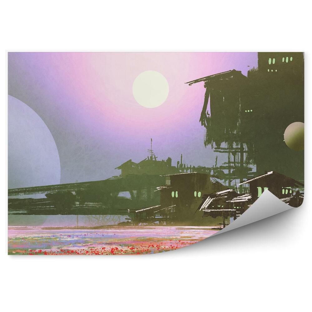 Okleina na ścianę Fabryki przemysł pola kwiaty księżyc sci-fi