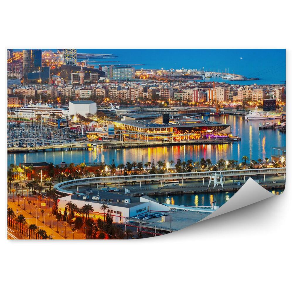 Okleina ścienna port Vell Barcelona Hiszpania łodzie budynki noc