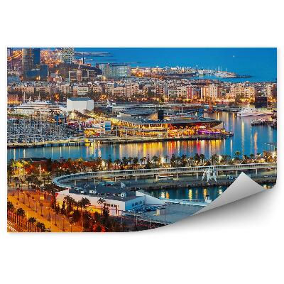 Okleina ścienna port Vell Barcelona Hiszpania łodzie budynki noc