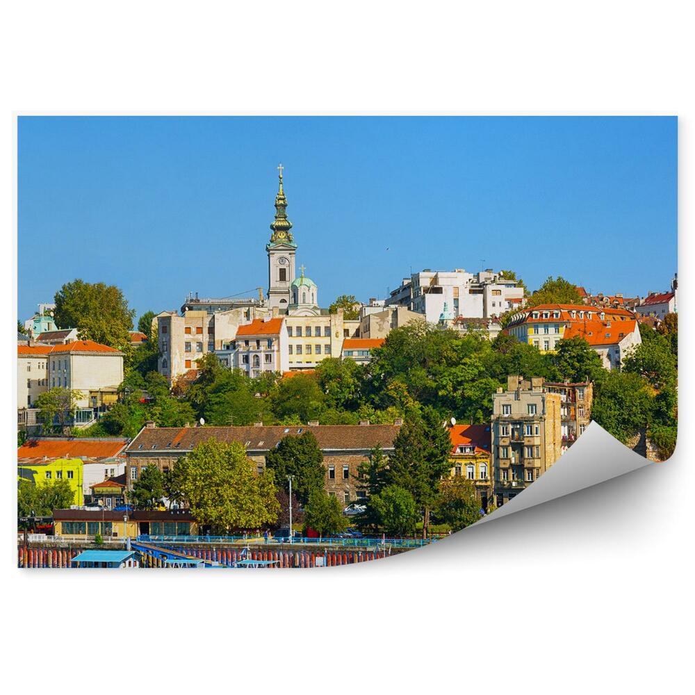 Fototapeta Belgrad rzeka sawy panorama miasta budynki jachty rzeka niebo kościół