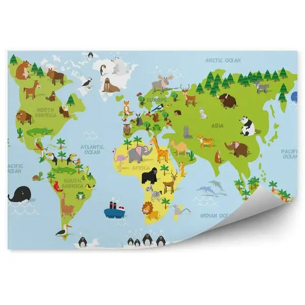 Fototapety Zabawna mapa świata z tradycyjnymi zwierzętami ze wszystkich kontynentów i oceanów