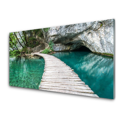 Obraz Szklany Most na jeziorze i jaskinia