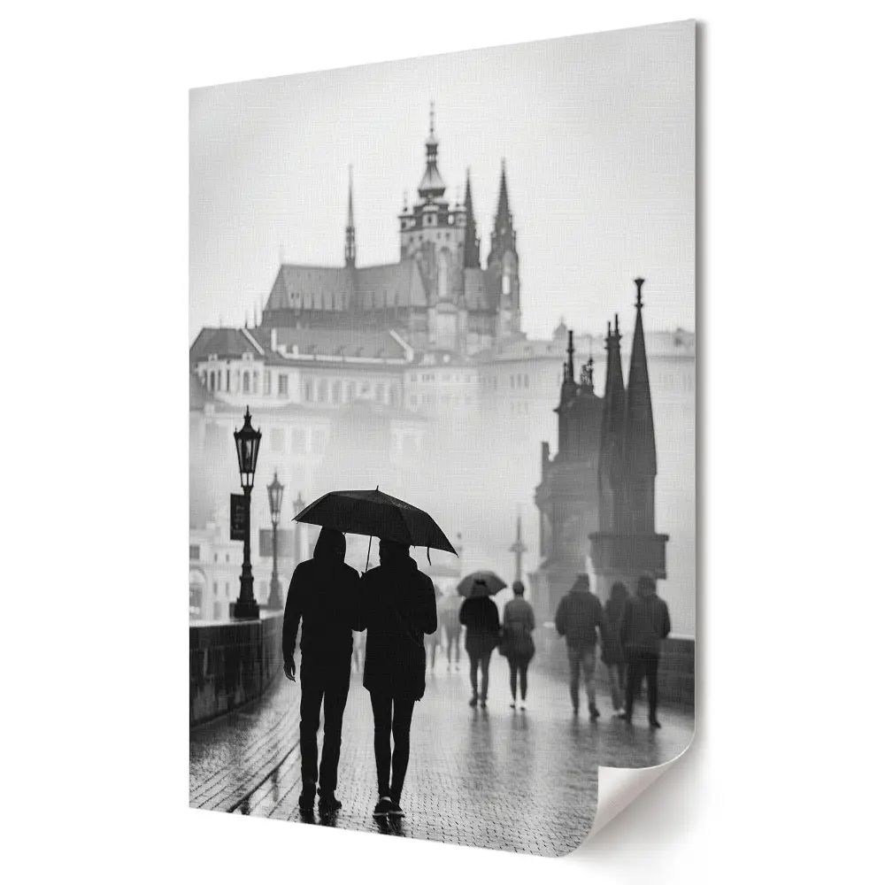 Stylowy plakat na ścianę Romantyczny spacer w deszczowej Pradze
