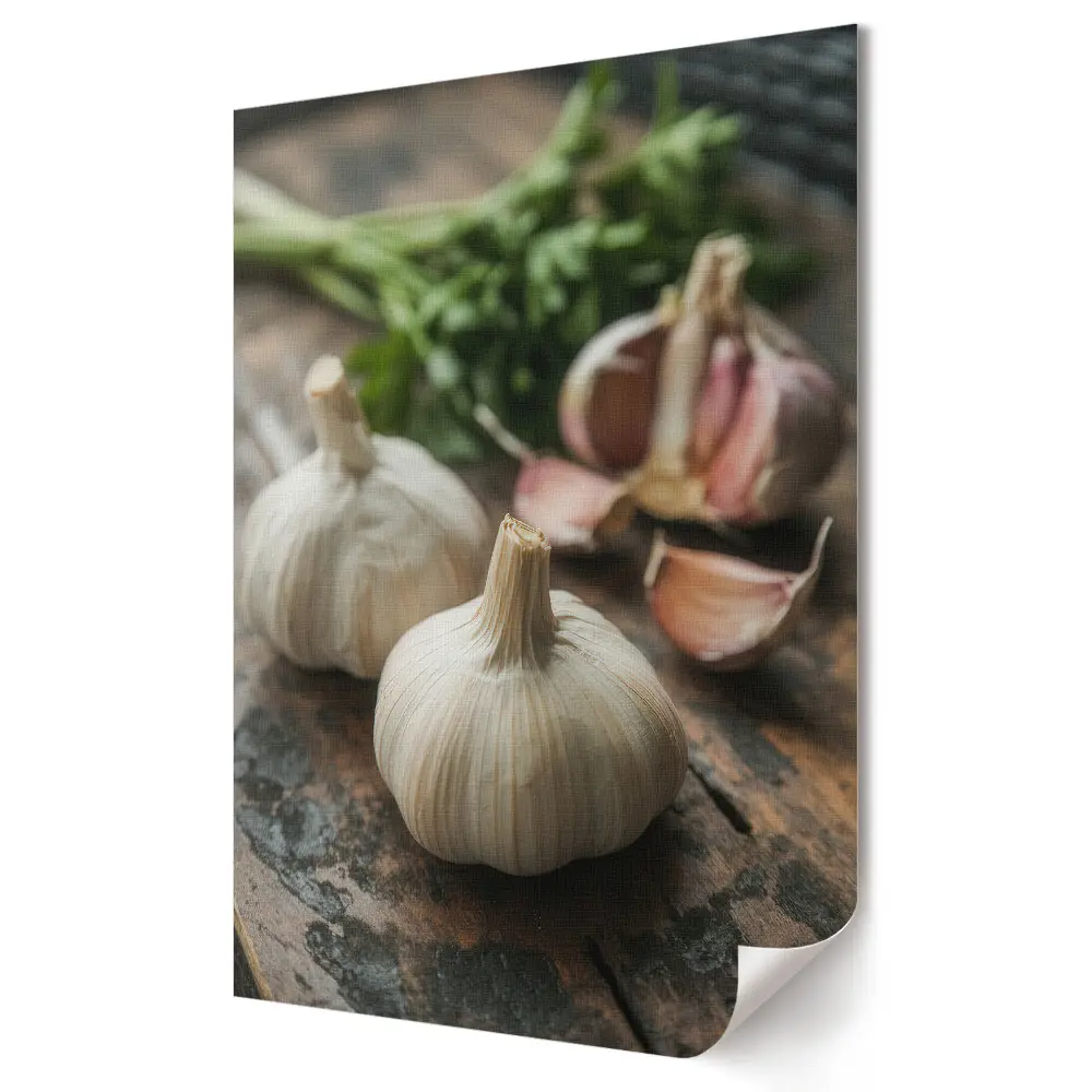 Plakat na materiale polycanvas Świeży czosnek na drewnianym stole