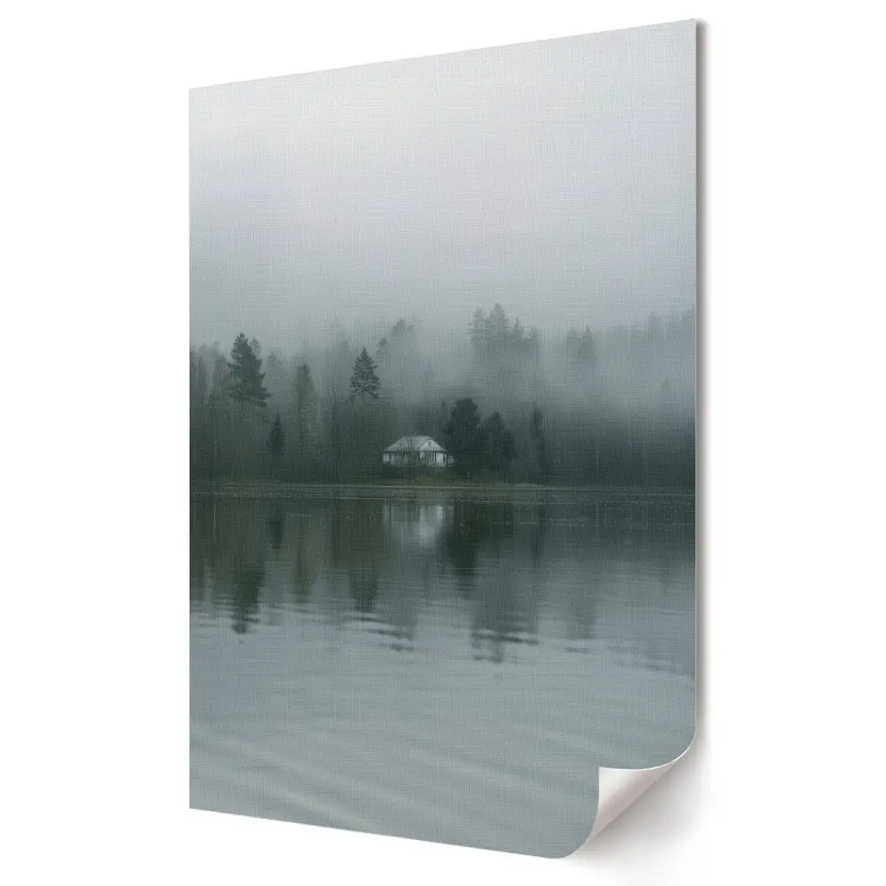 Plakat na materiale polycanvas Spokojna Chata w Mglistym Krajobrazie
