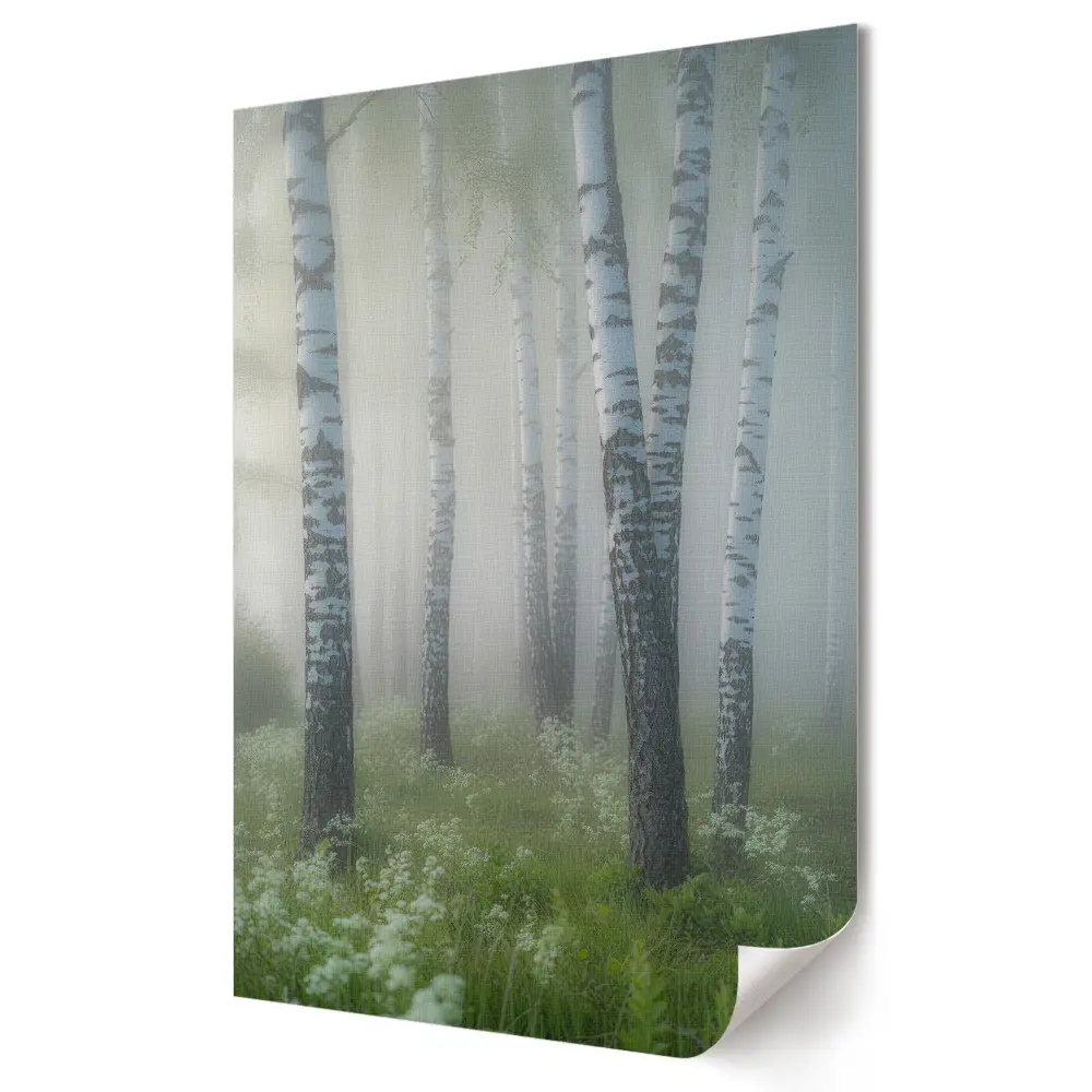 Plakat na materiale polycanvas Mglista Aleja Białych Brzóz