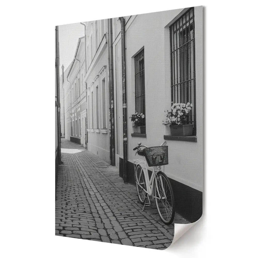 Plakat na materiale polycanvas Cicha Ulica z Rowerem w czerni i bieli