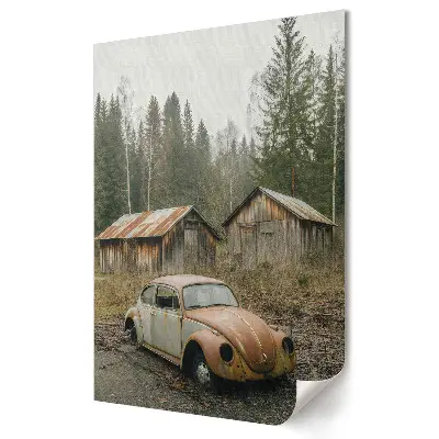 Nowoczesny plakat dekoracyjny przedstawiający zaniedbaną naturę i stary samochód