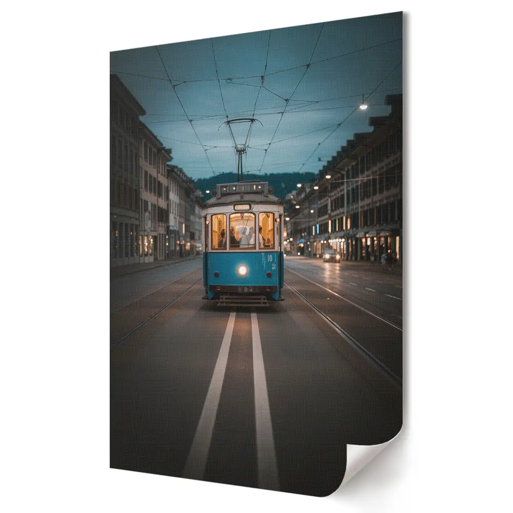 Plakat na materiale polycanvas Nocny tramwaj w miejskim krajobrazie