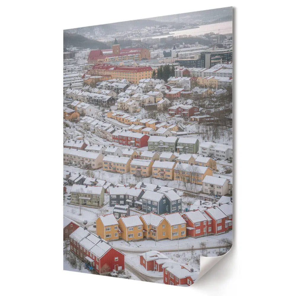 Stylowy plakat na ścianę Zimowy krajobraz kolorowych domów