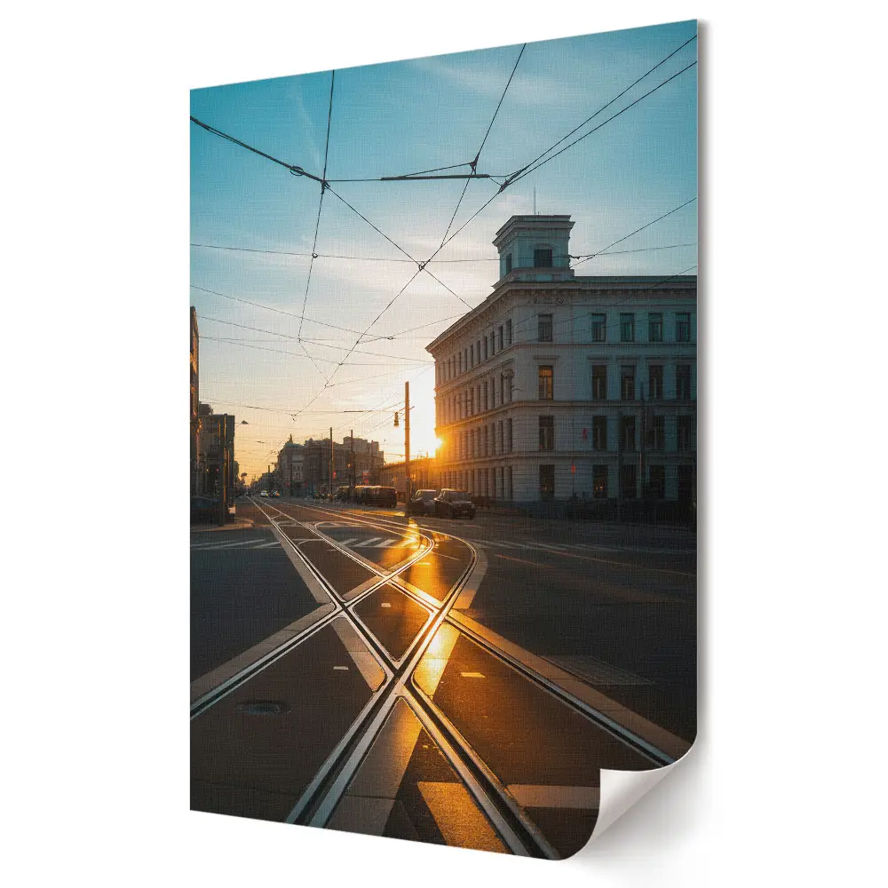 Plakat na materiale polycanvas Zachód słońca nad torami tramwajowymi
