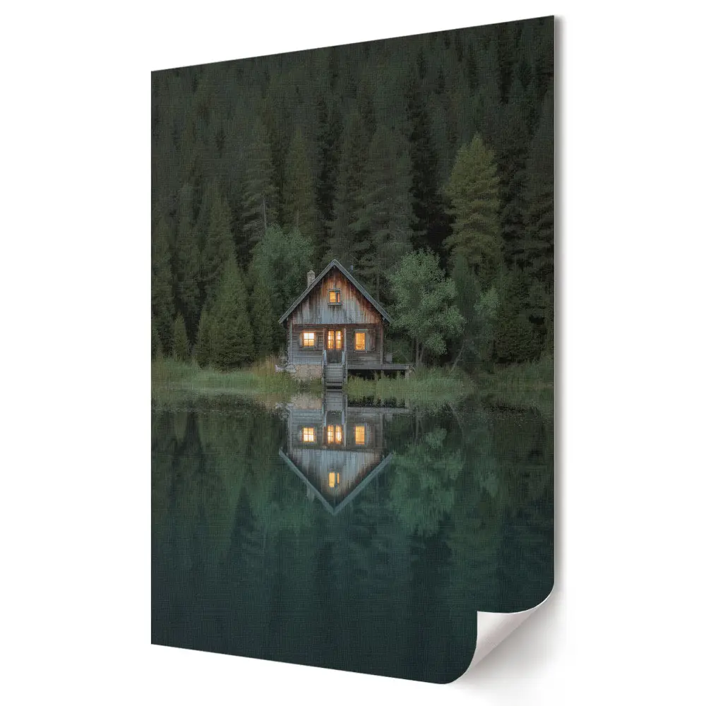 Plakat na materiale polycanvas Urokliwy domek nad spokojnym jeziorem