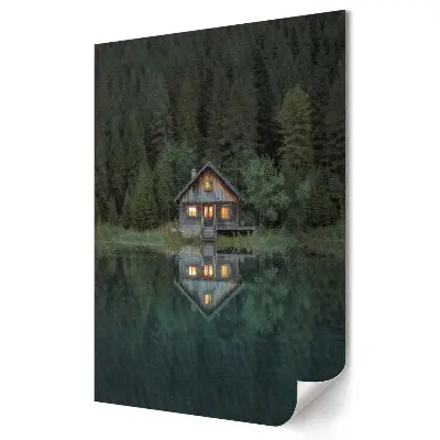 Plakat na materiale polycanvas Urokliwy domek nad spokojnym jeziorem