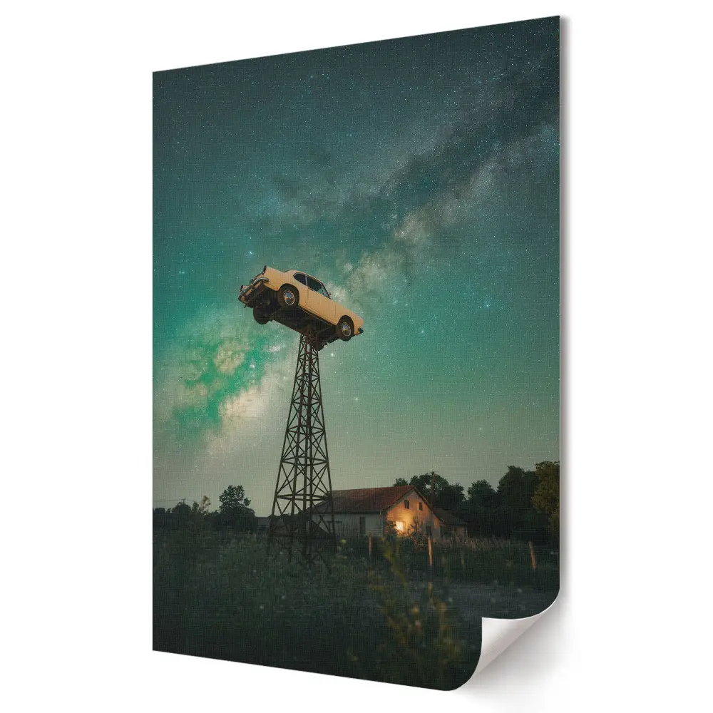 Plakat na materiale polycanvas Samochód wśród gwiazd nocą